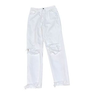 Zara off White Distressed Straight Leg Jeans torn knees raw hem size 6